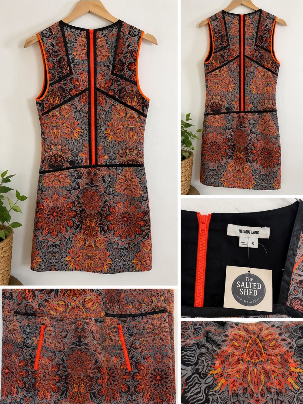 Helmut Lang Printed Sleeveless Sheath Dress Size 0 Neon Orange Zip